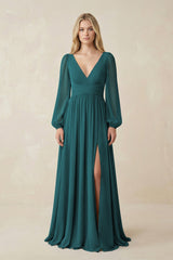 V-Neck Long Sleeve A-Line Chiffon Bridesmaid Dress in Pine - KissProm BRIDESMAID DRESSES