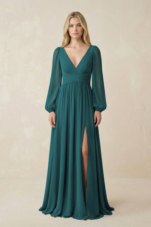 V-Neck Long Sleeve A-Line Chiffon Bridesmaid Dress in Pine - KissProm BRIDESMAID DRESSES