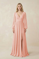 V-Neck Long Sleeve A-Line Chiffon Bridesmaid Dress in Rose Petal - KissProm BRIDESMAID DRESSES