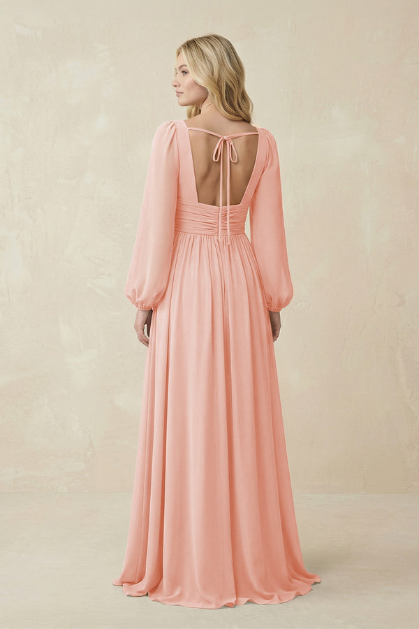 V-Neck Long Sleeve A-Line Chiffon Bridesmaid Dress in Rose Petal - KissProm BRIDESMAID DRESSES