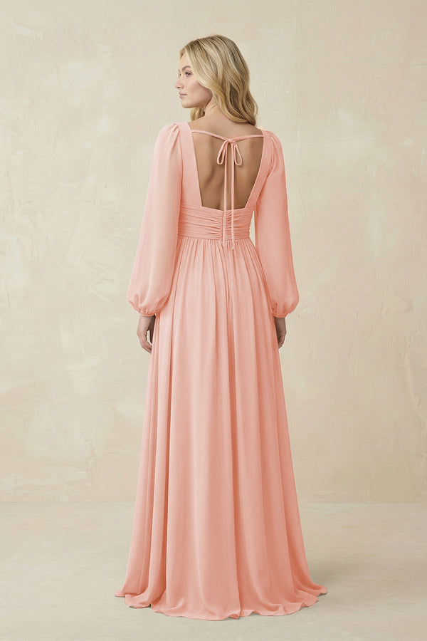 V-Neck Long Sleeve A-Line Chiffon Bridesmaid Dress in Rose Petal - KissProm BRIDESMAID DRESSES