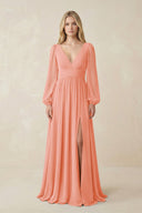 V-Neck Long Sleeve A-Line Chiffon Bridesmaid Dress in Rosette - KissProm BRIDESMAID DRESSES
