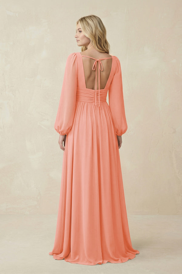 V-Neck Long Sleeve A-Line Chiffon Bridesmaid Dress in Rosette - KissProm BRIDESMAID DRESSES
