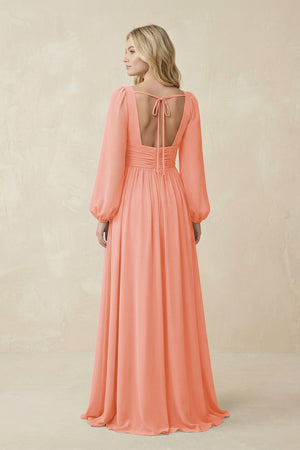 V-Neck Long Sleeve A-Line Chiffon Bridesmaid Dress in Rosette - KissProm BRIDESMAID DRESSES
