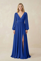 V-Neck Long Sleeve A-Line Chiffon Bridesmaid Dress in Royal Blue - KissProm BRIDESMAID DRESSES