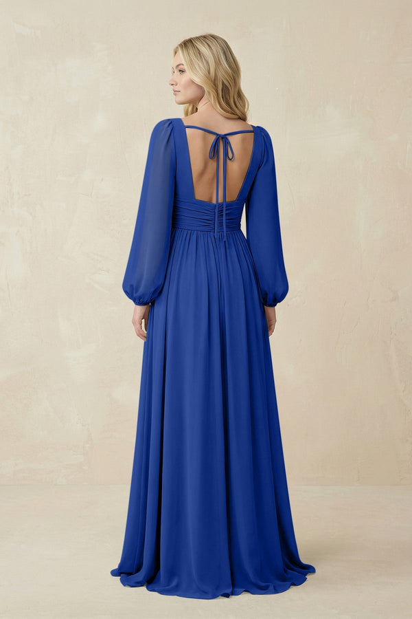 V-Neck Long Sleeve A-Line Chiffon Bridesmaid Dress in Royal Blue - KissProm BRIDESMAID DRESSES