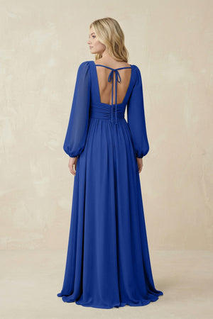V-Neck Long Sleeve A-Line Chiffon Bridesmaid Dress in Royal Blue - KissProm BRIDESMAID DRESSES