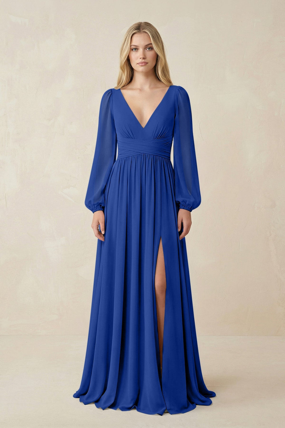 V-Neck Long Sleeve A-Line Chiffon Bridesmaid Dress in Royal Blue - KissProm BRIDESMAID DRESSES