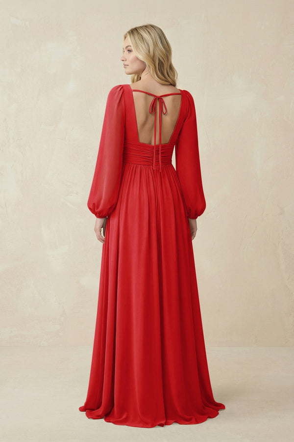 V-Neck Long Sleeve A-Line Chiffon Bridesmaid Dress in Ruby Red - KissProm BRIDESMAID DRESSES