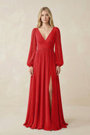 V-Neck Long Sleeve A-Line Chiffon Bridesmaid Dress in Ruby Red - KissProm BRIDESMAID DRESSES