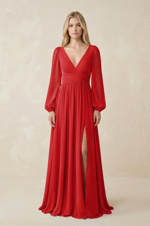 V-Neck Long Sleeve A-Line Chiffon Bridesmaid Dress in Ruby Red - KissProm BRIDESMAID DRESSES