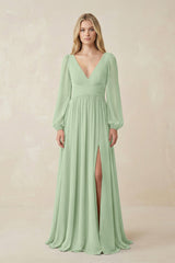 V-Neck Long Sleeve A-Line Chiffon Bridesmaid Dress in Sage - KissProm BRIDESMAID DRESSES