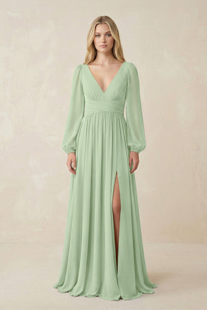 V-Neck Long Sleeve A-Line Chiffon Bridesmaid Dress in Sage - KissProm BRIDESMAID DRESSES