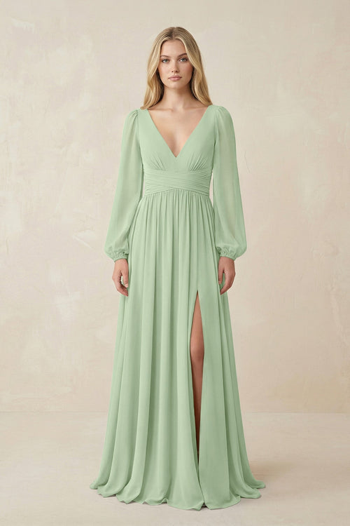 V-Neck Long Sleeve A-Line Chiffon Bridesmaid Dress in Sage - KissProm BRIDESMAID DRESSES