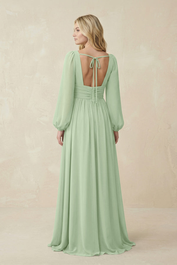 V-Neck Long Sleeve A-Line Chiffon Bridesmaid Dress in Sage - KissProm BRIDESMAID DRESSES