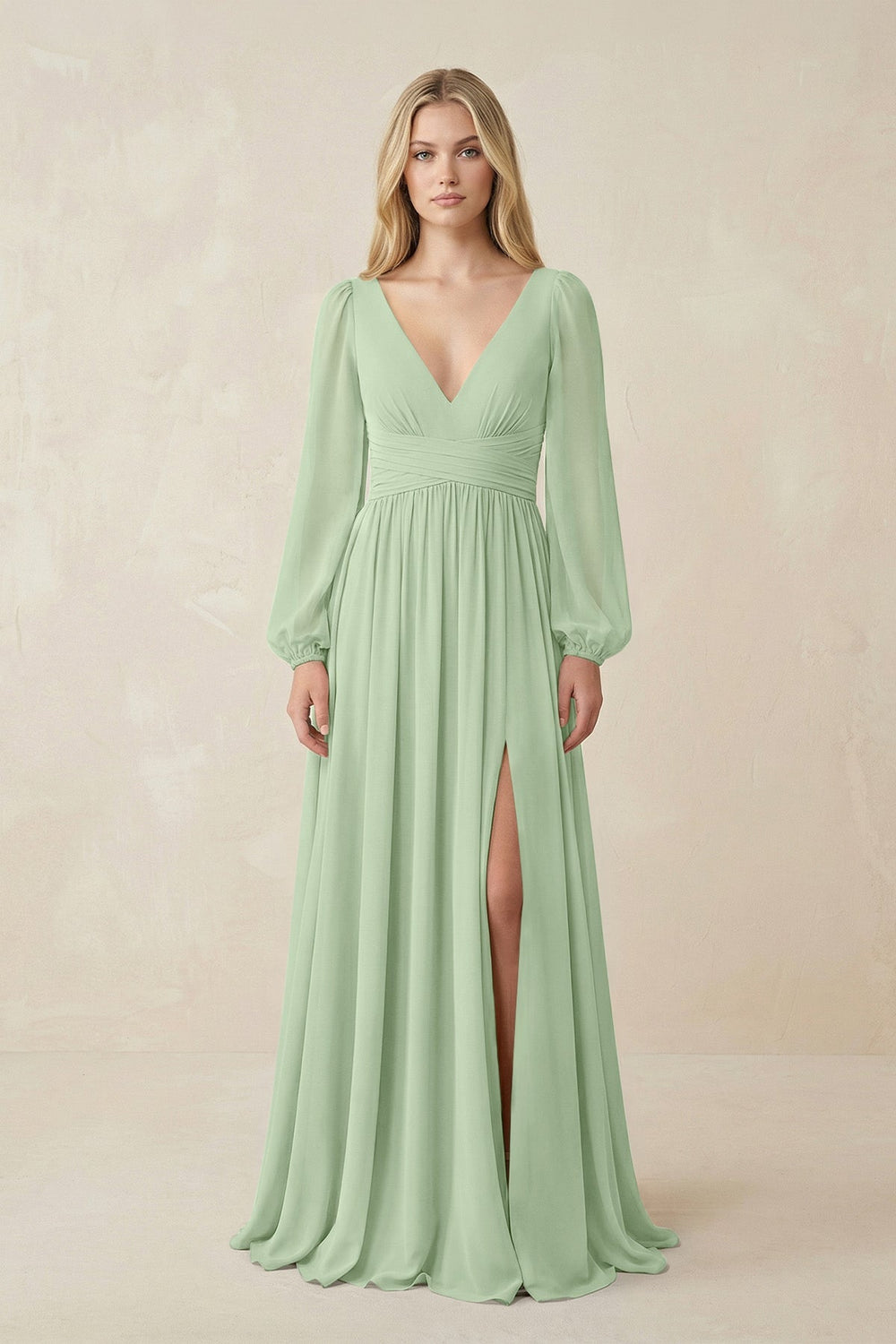 V-Neck Long Sleeve A-Line Chiffon Bridesmaid Dress in Sage - KissProm BRIDESMAID DRESSES