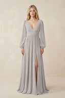 V-Neck Long Sleeve A-Line Chiffon Bridesmaid Dress in Silver - KissProm BRIDESMAID DRESSES