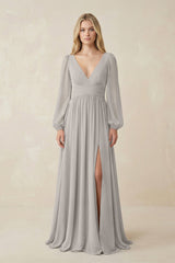 V-Neck Long Sleeve A-Line Chiffon Bridesmaid Dress in Silver - KissProm BRIDESMAID DRESSES