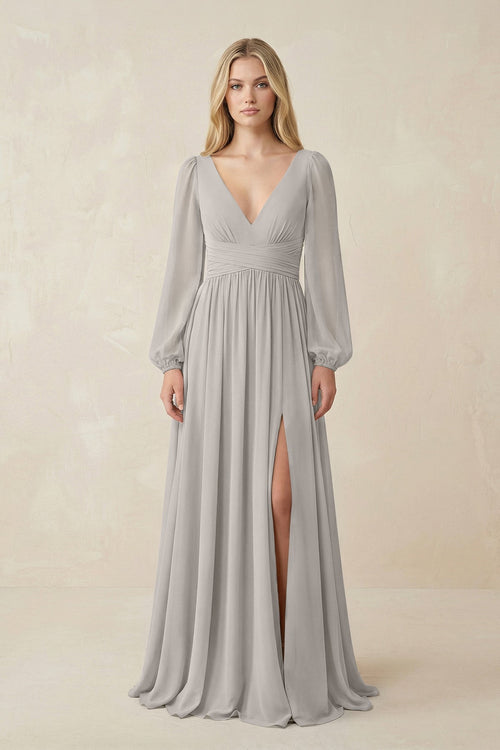 V-Neck Long Sleeve A-Line Chiffon Bridesmaid Dress in Silver - KissProm BRIDESMAID DRESSES