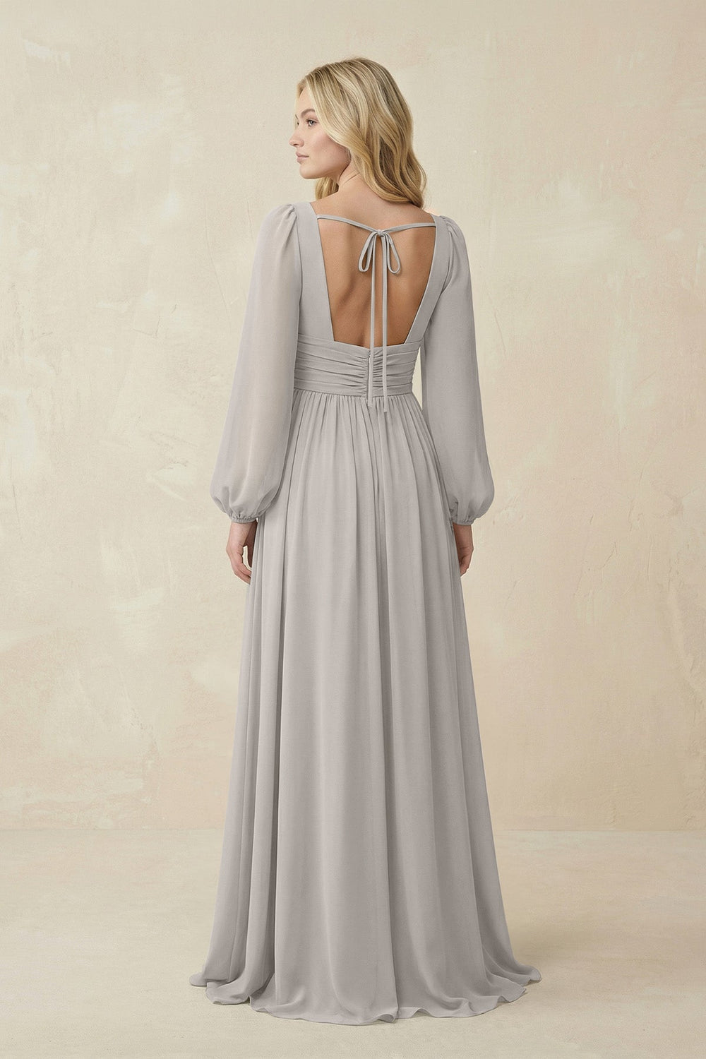 V-Neck Long Sleeve A-Line Chiffon Bridesmaid Dress in Silver - KissProm BRIDESMAID DRESSES
