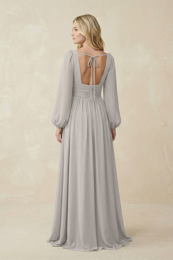 V-Neck Long Sleeve A-Line Chiffon Bridesmaid Dress in Silver - KissProm BRIDESMAID DRESSES