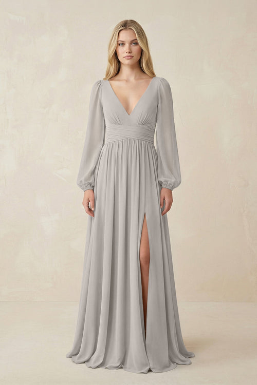 V-Neck Long Sleeve A-Line Chiffon Bridesmaid Dress in Silver - KissProm BRIDESMAID DRESSES