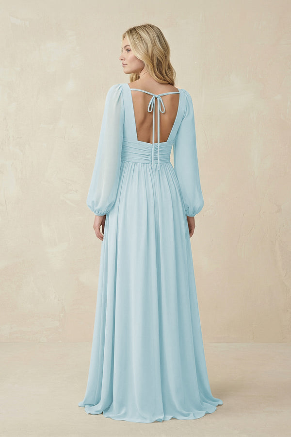 V-Neck Long Sleeve A-Line Chiffon Bridesmaid Dress in Sky Blue - KissProm BRIDESMAID DRESSES