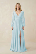 V-Neck Long Sleeve A-Line Chiffon Bridesmaid Dress in Sky Blue - KissProm BRIDESMAID DRESSES