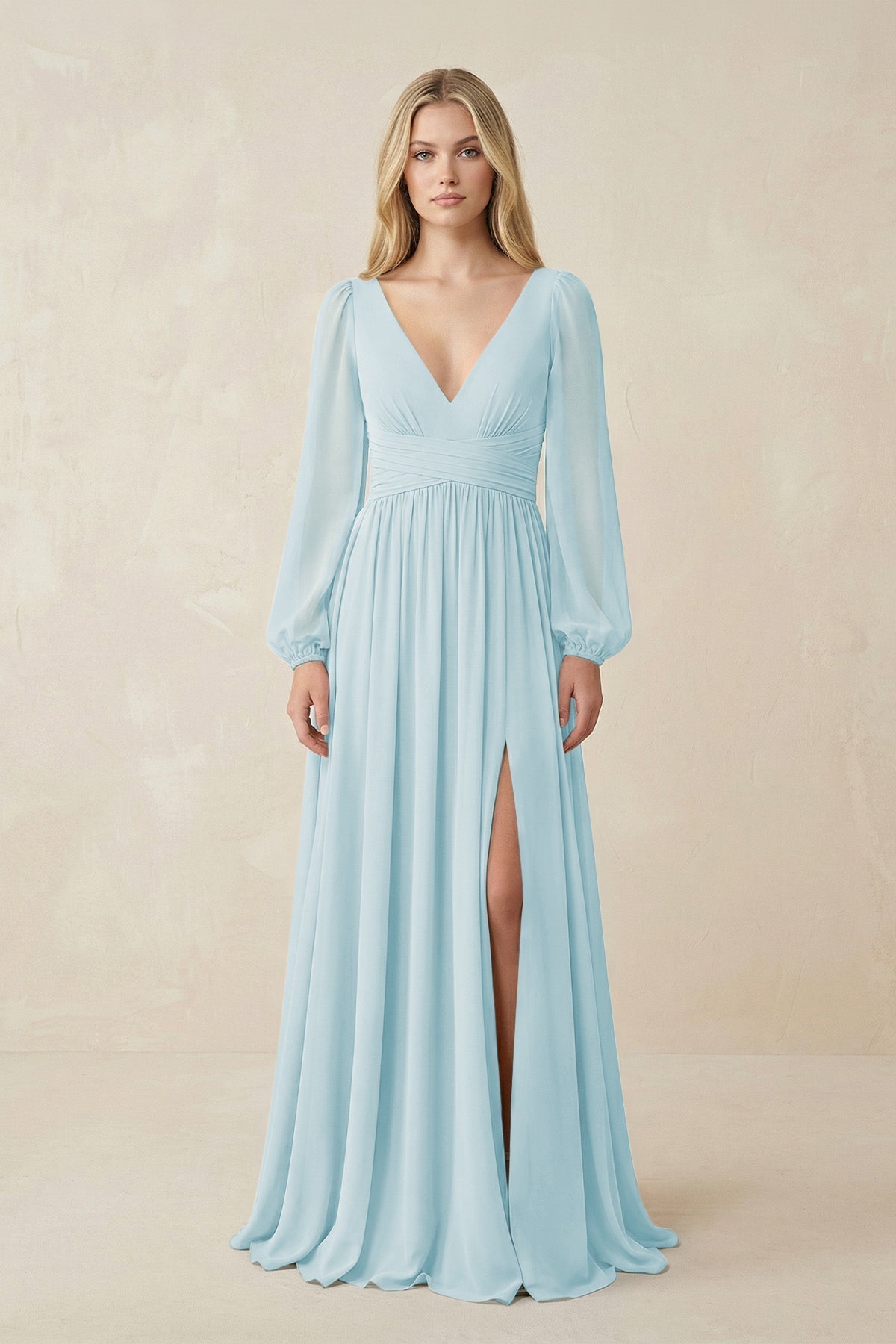 KissProm V-Neck Long Sleeve A-Line Chiffon Bridesmaid Dress in Sky Blue, Sky Blue / Custom Size( Free )
