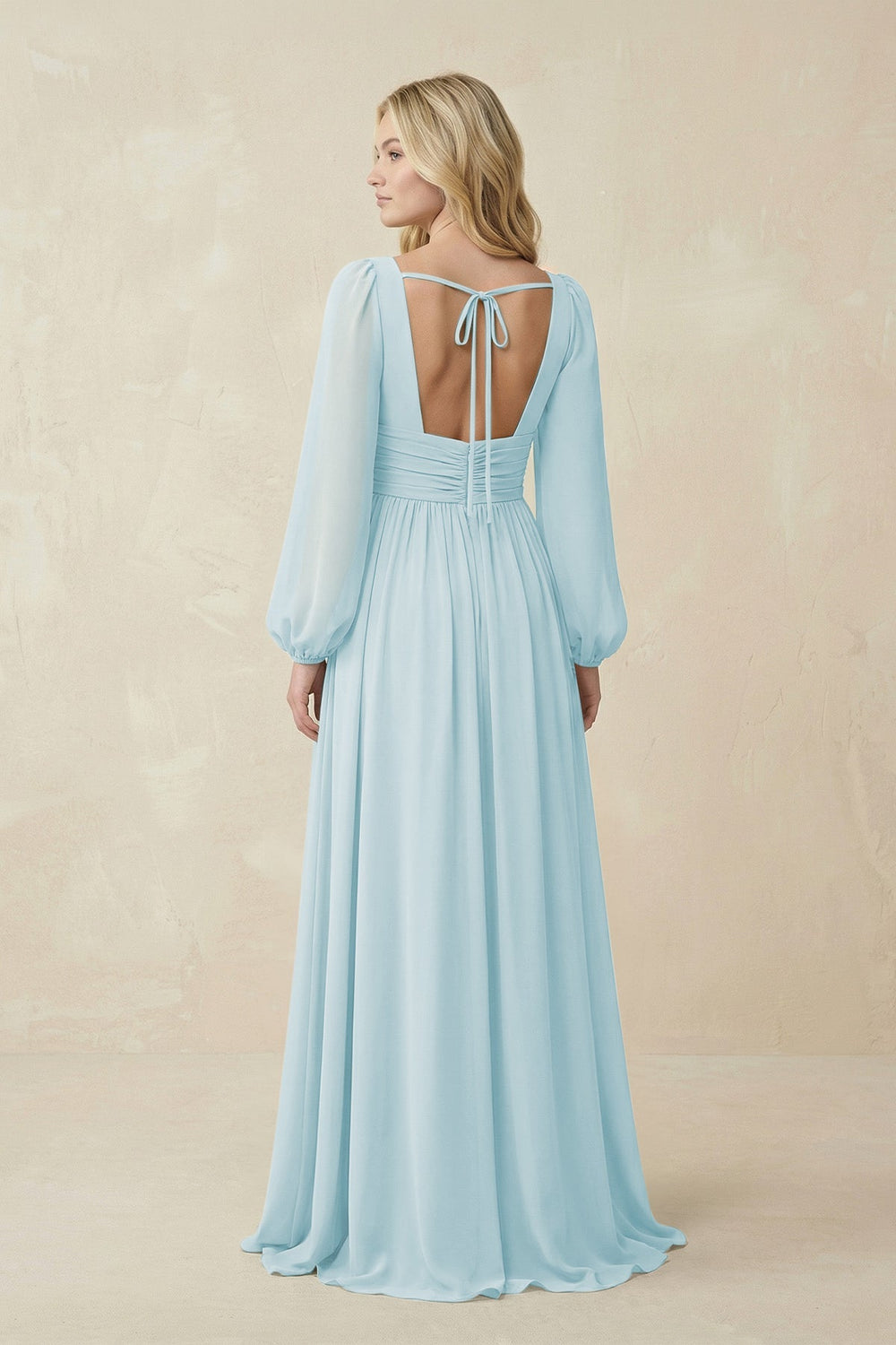 V-Neck Long Sleeve A-Line Chiffon Bridesmaid Dress in Sky Blue - KissProm BRIDESMAID DRESSES