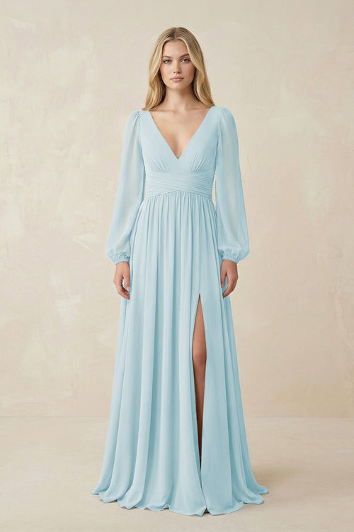 V-Neck Long Sleeve A-Line Chiffon Bridesmaid Dress in Sky Blue - KissProm BRIDESMAID DRESSES