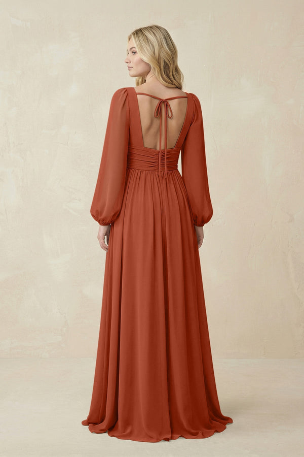 V-Neck Long Sleeve A-Line Chiffon Bridesmaid Dress in Spice - KissProm BRIDESMAID DRESSES