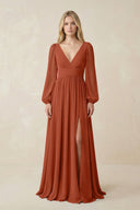 V-Neck Long Sleeve A-Line Chiffon Bridesmaid Dress in Spice - KissProm BRIDESMAID DRESSES