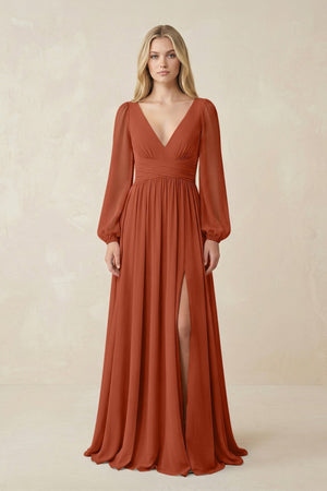 V-Neck Long Sleeve A-Line Chiffon Bridesmaid Dress in Spice - KissProm BRIDESMAID DRESSES