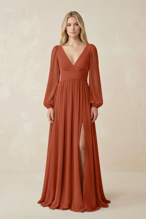 V-Neck Long Sleeve A-Line Chiffon Bridesmaid Dress in Spice - KissProm BRIDESMAID DRESSES