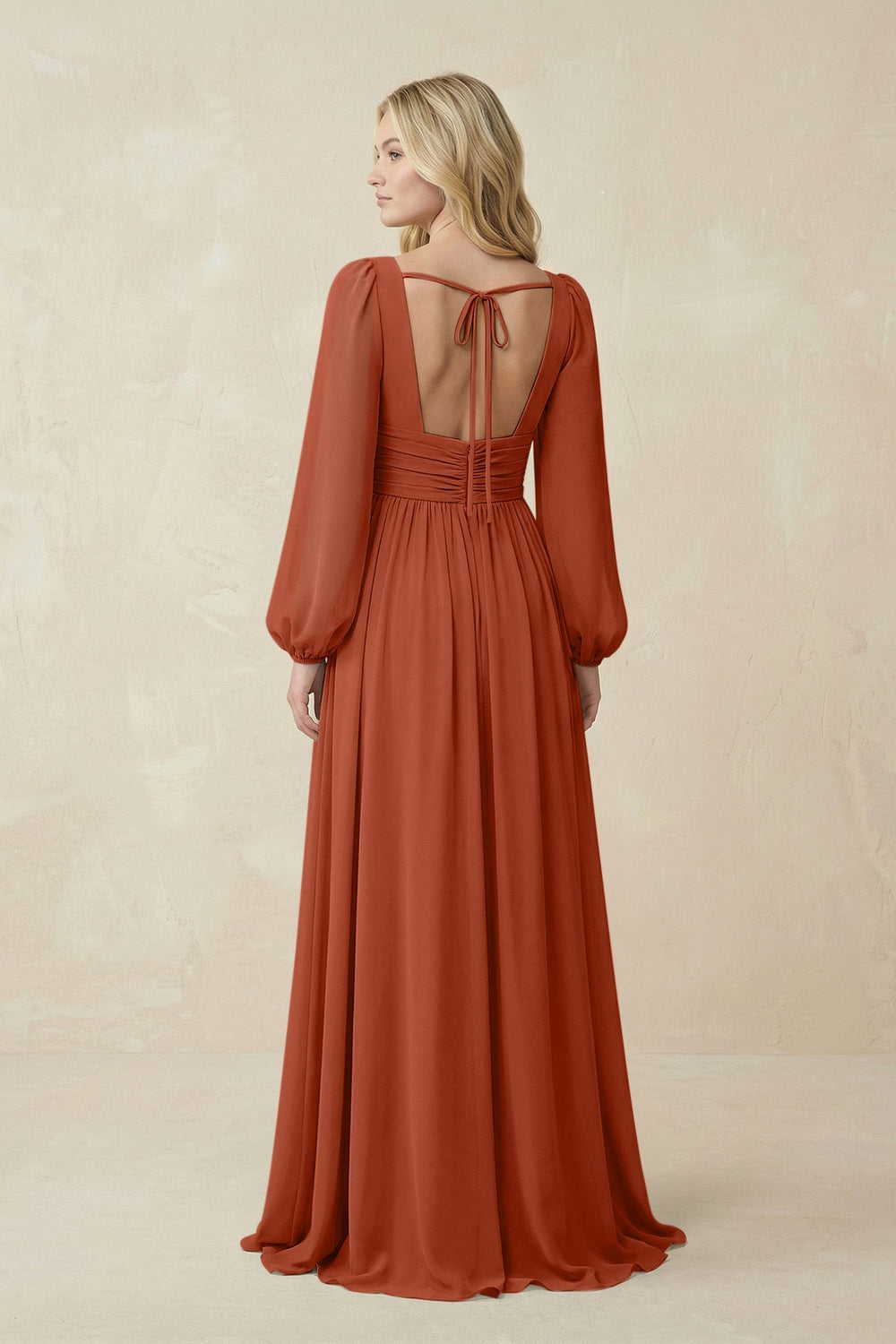 V-Neck Long Sleeve A-Line Chiffon Bridesmaid Dress in Spice - KissProm BRIDESMAID DRESSES