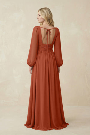 V-Neck Long Sleeve A-Line Chiffon Bridesmaid Dress in Spice - KissProm BRIDESMAID DRESSES