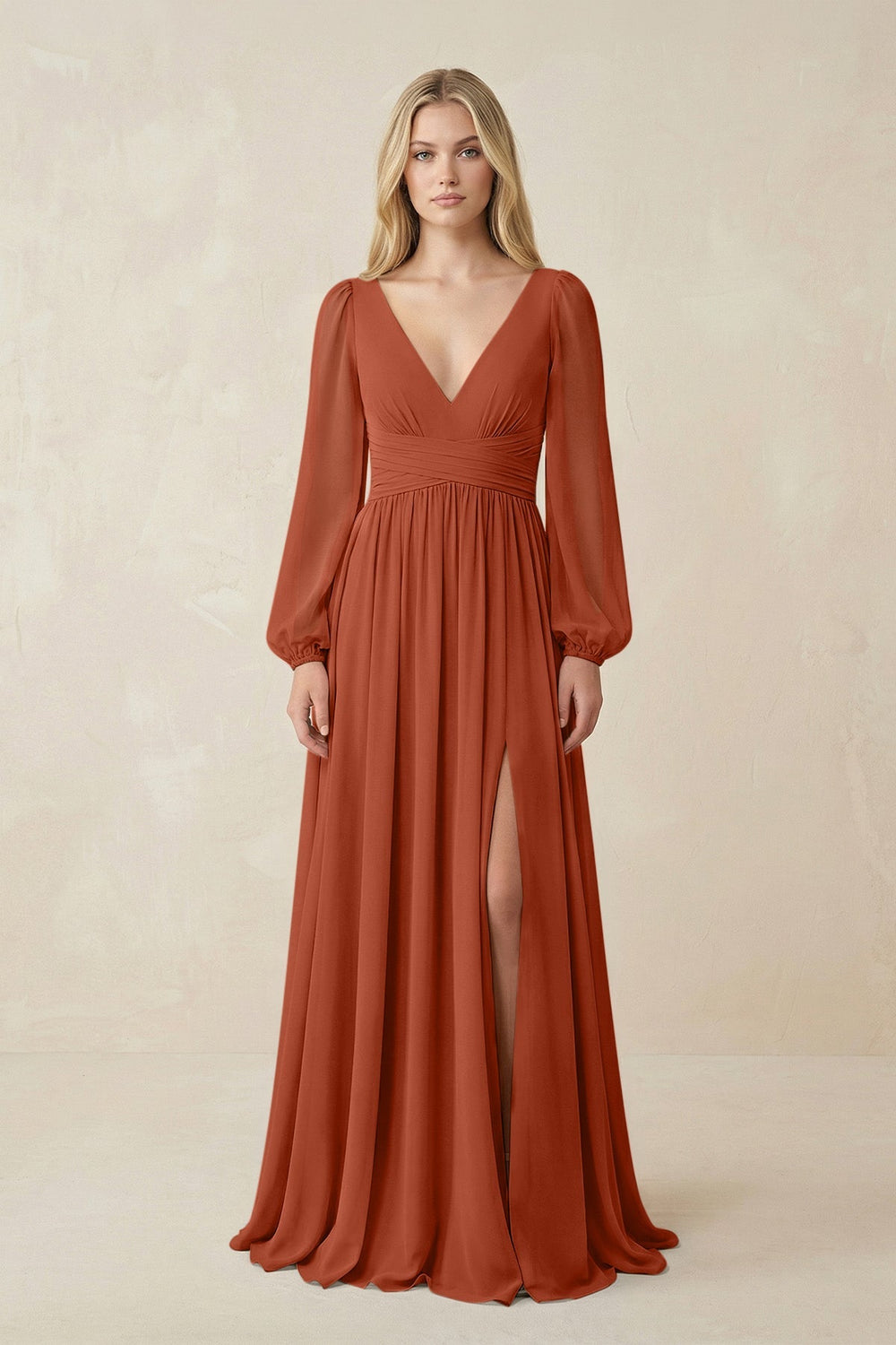 V-Neck Long Sleeve A-Line Chiffon Bridesmaid Dress in Spice - KissProm BRIDESMAID DRESSES