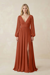 V-Neck Long Sleeve A-Line Chiffon Bridesmaid Dress in Spice - KissProm BRIDESMAID DRESSES