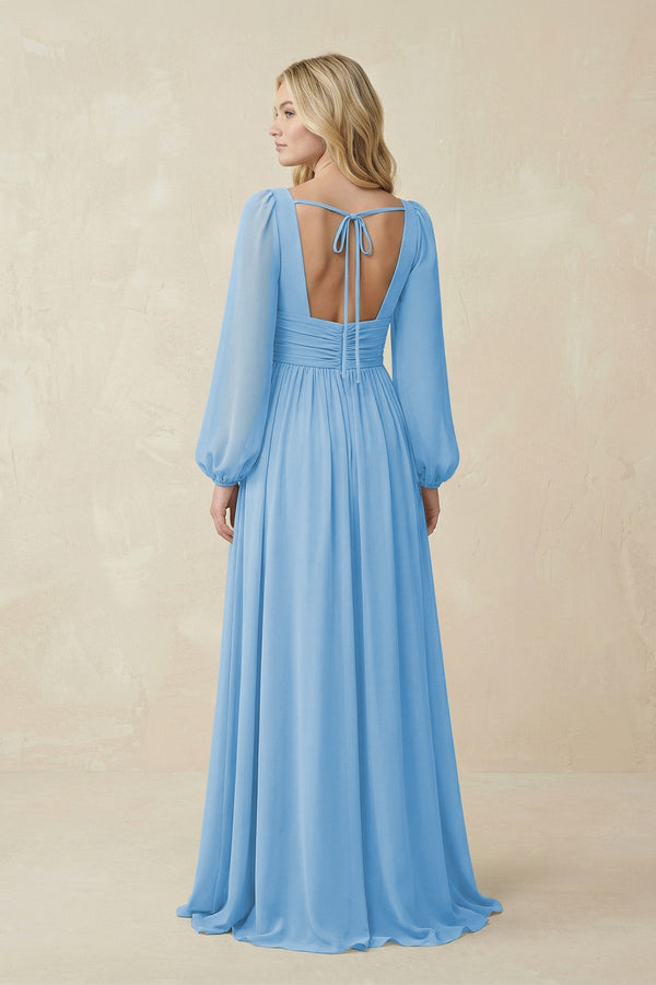 V-Neck Long Sleeve A-Line Chiffon Bridesmaid Dress in Steel Blue - KissProm BRIDESMAID DRESSES