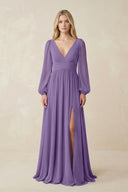 V-Neck Long Sleeve A-Line Chiffon Bridesmaid Dress in Tahiti - KissProm BRIDESMAID DRESSES