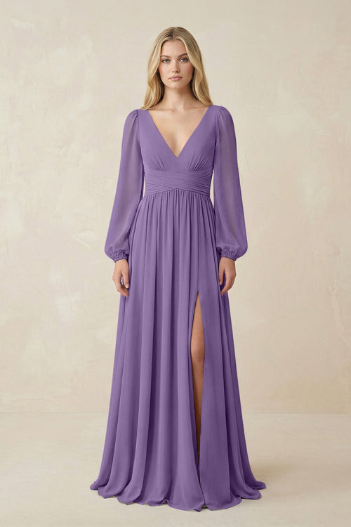 V-Neck Long Sleeve A-Line Chiffon Bridesmaid Dress in Tahiti - KissProm BRIDESMAID DRESSES