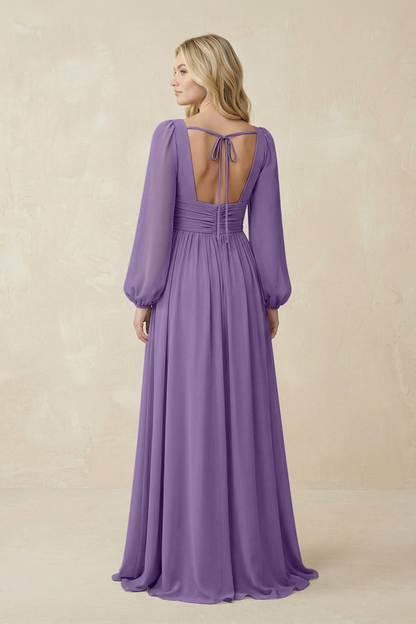 V-Neck Long Sleeve A-Line Chiffon Bridesmaid Dress in Tahiti - KissProm BRIDESMAID DRESSES