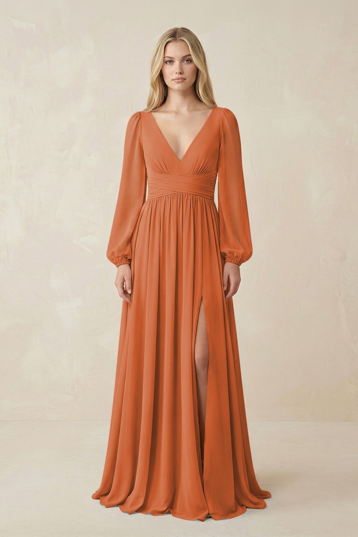 KissProm V-Neck Long Sleeve A-Line Chiffon Bridesmaid Dress in Terracotta, Terracotta / 20