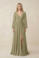 V-Neck Long Sleeve A-Line Chiffon Bridesmaid Dress in Thyme - KissProm BRIDESMAID DRESSES