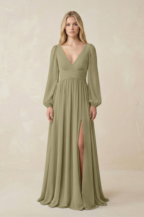 V-Neck Long Sleeve A-Line Chiffon Bridesmaid Dress in Thyme - KissProm BRIDESMAID DRESSES