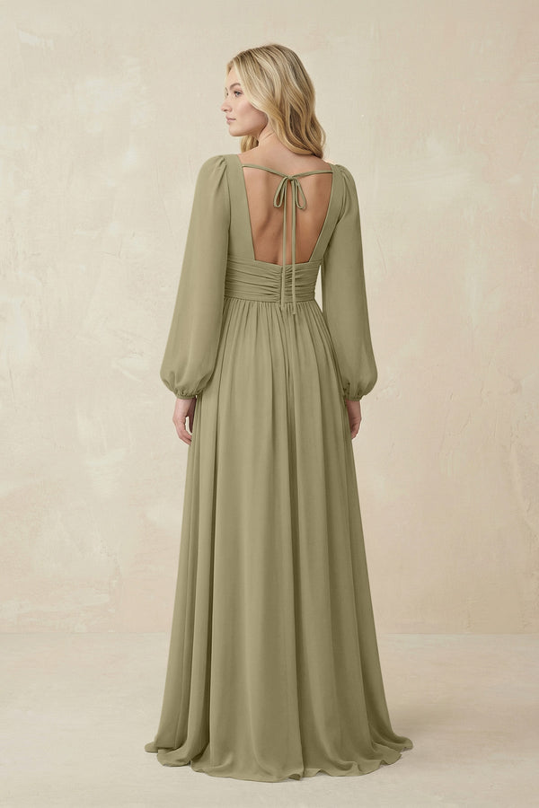 V-Neck Long Sleeve A-Line Chiffon Bridesmaid Dress in Thyme - KissProm BRIDESMAID DRESSES