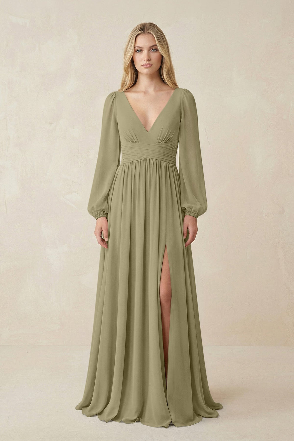 V-Neck Long Sleeve A-Line Chiffon Bridesmaid Dress in Thyme - KissProm BRIDESMAID DRESSES