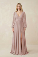 V-Neck Long Sleeve A-Line Chiffon Bridesmaid Dress in Toffee - KissProm BRIDESMAID DRESSES