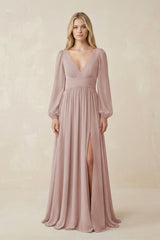 V-Neck Long Sleeve A-Line Chiffon Bridesmaid Dress in Toffee - KissProm BRIDESMAID DRESSES